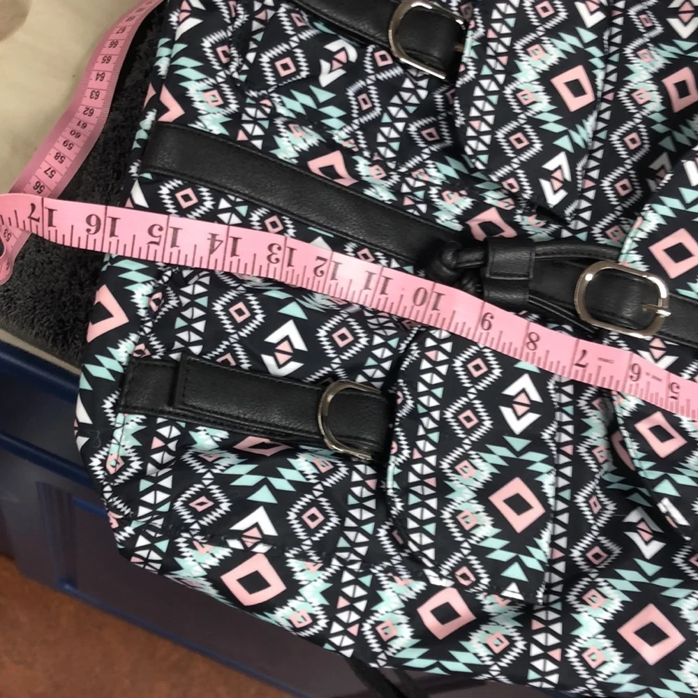 Large‎ backpack purse Aztec print teal blush and black drawstring closure